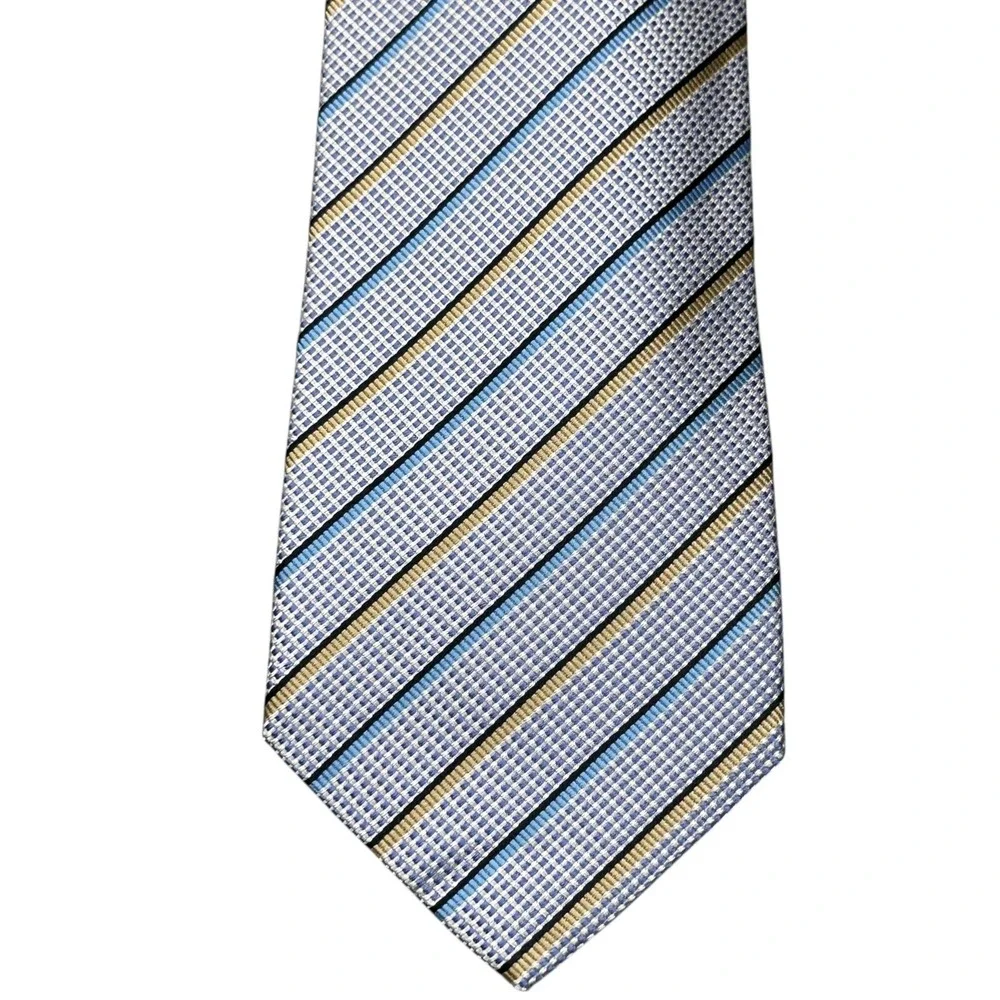 NWT Polifroni Milano Tie Mens Blue Gold Striped Italian Silk Handmade Necktie‎
